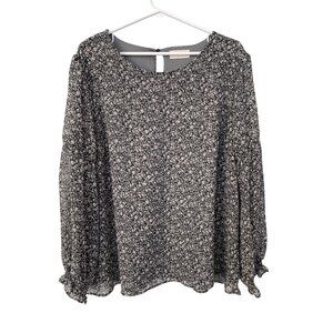 The Nines Blouse Plus Size 3X Floral Long Sleeve Keyhole Back Gray White Cottage